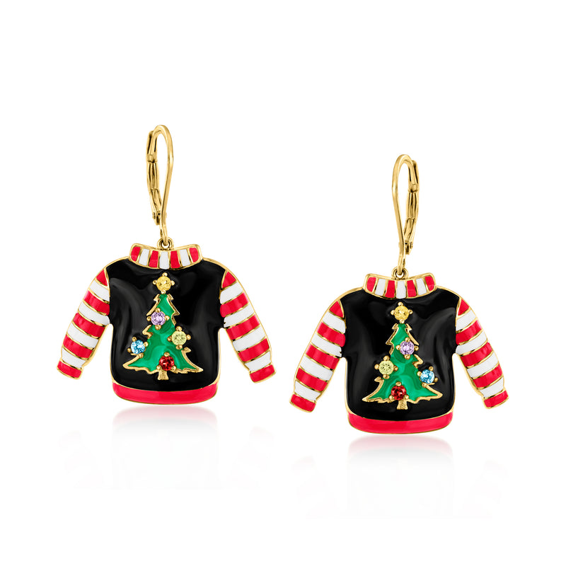 Christmas tree sweater drop earrings with enamel black and striped sleeves, gold leverback hooks