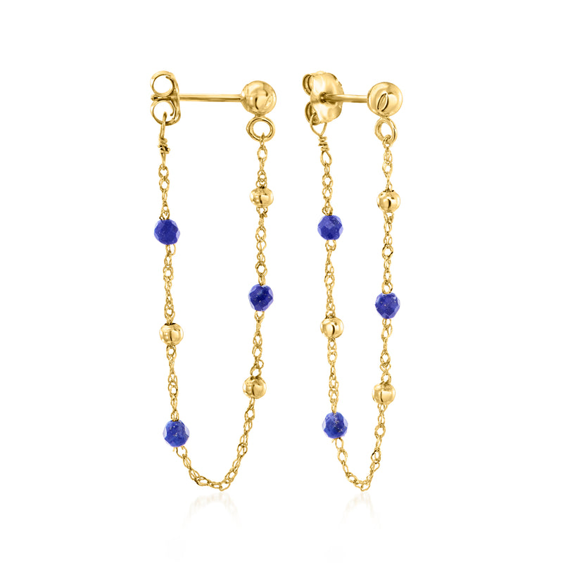 Yellow gold drop earrings with lapis blue bead rope chain and hook backs