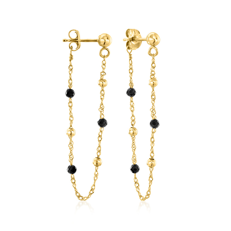 14kt yellow gold drop earrings with black onyx bead rope chains