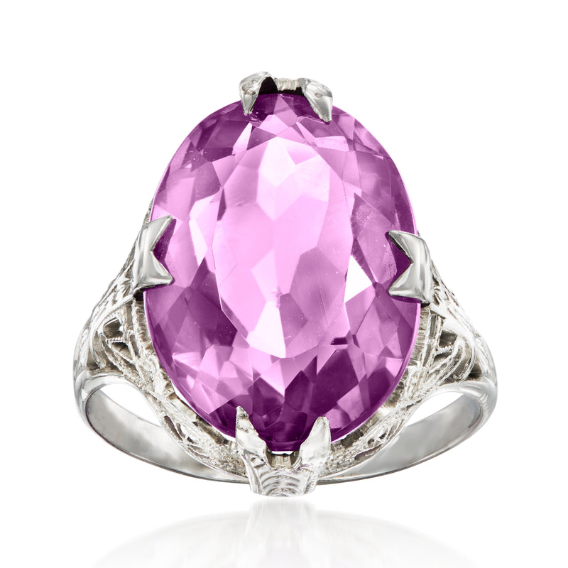 Vintage amethyst filigree ring with oval purple gemstone, white gold setting