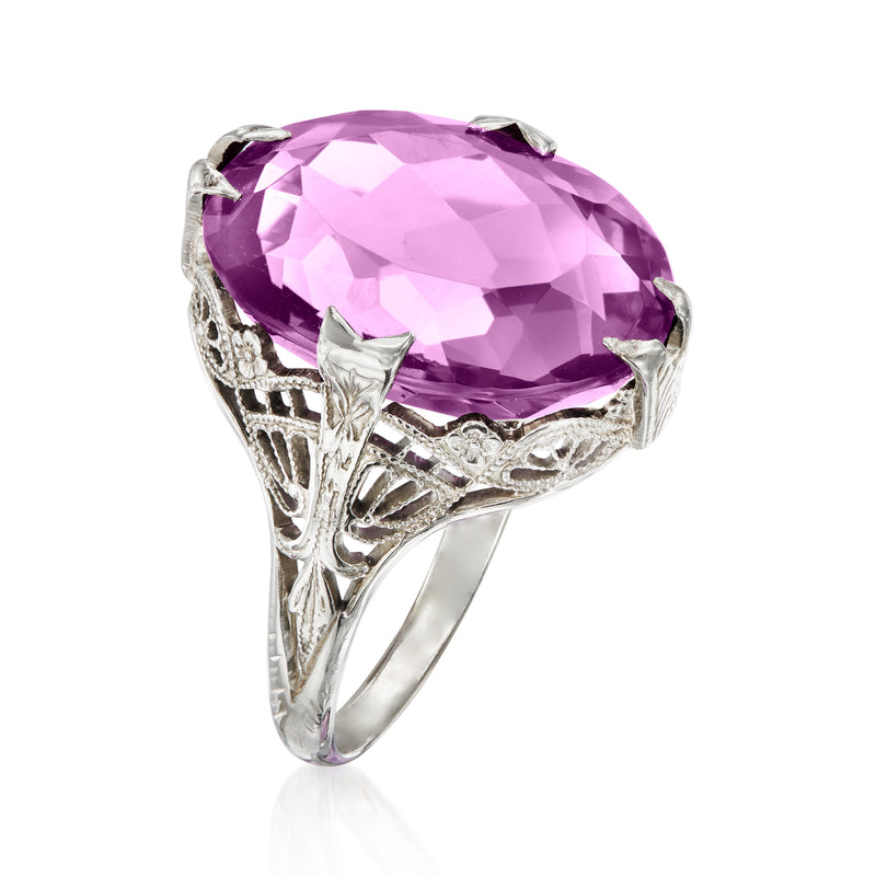 Vintage amethyst filigree ring side view, oval purple stone in white gold prongs