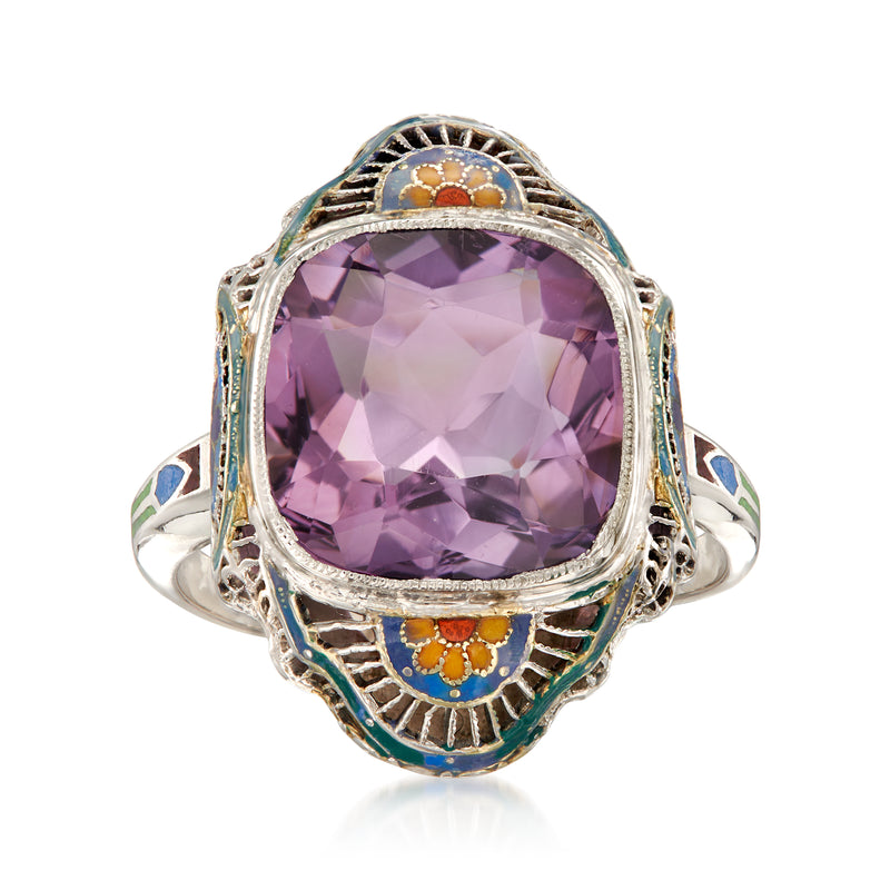 Vintage amethyst oval filigree ring with multicolor enamel, 14kt white gold