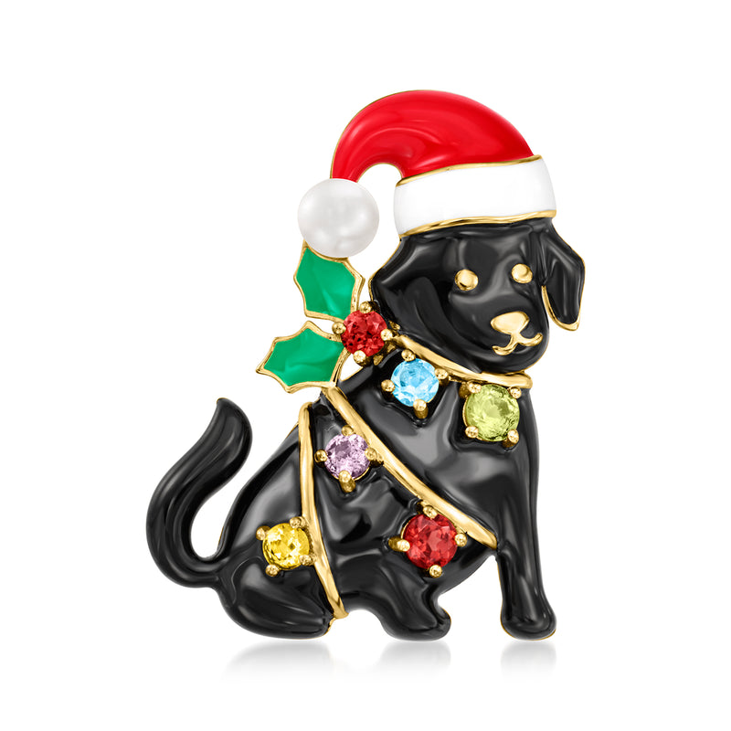 Gold-tone dog pendant with black enamel, red Santa hat, white pearl, multicolor gems