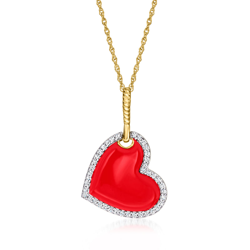 Red enamel heart pendant necklace with diamond halo, gold-tone chain