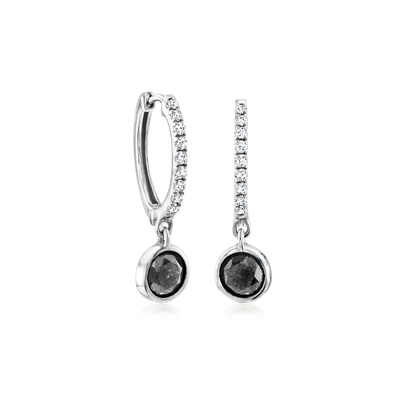 Sterling silver hoop drop earrings with black diamond and white diamond accents