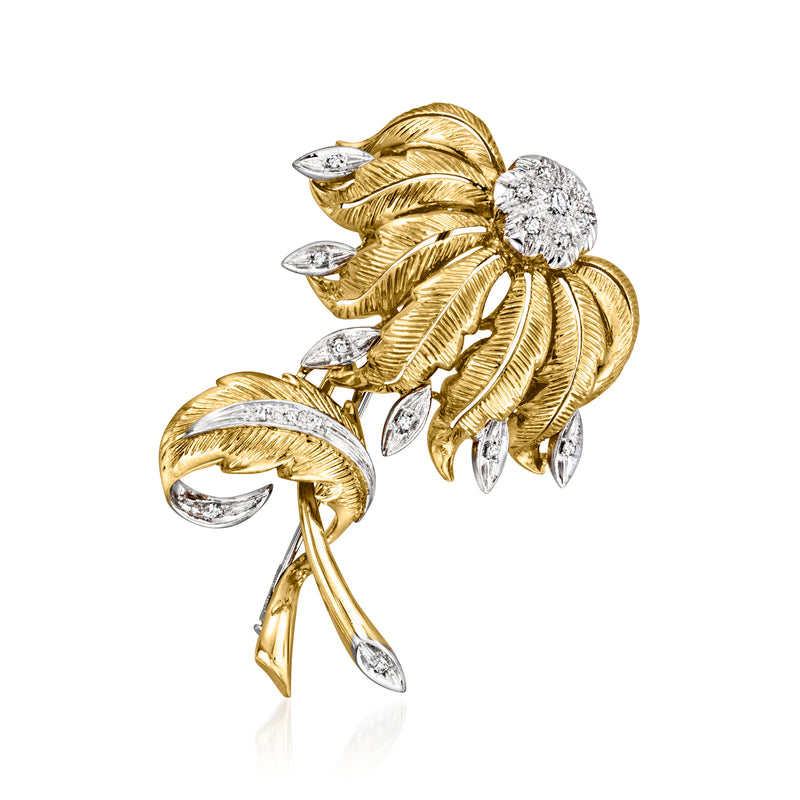 Vintage two-tone gold leaf flower pin with round diamond accents