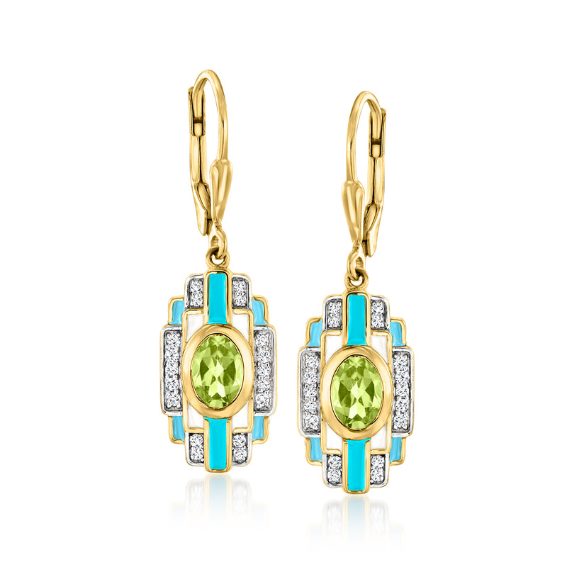 Gold leverback drop earrings with peridot green center, white stones, and blue/white enamel