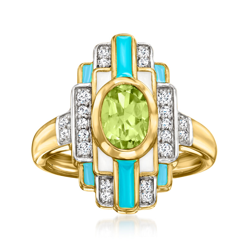 18kt gold over sterling ring with green oval peridot center, blue enamel bars, clear stone frame