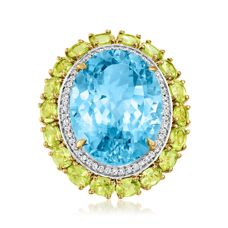 18k gold over sterling ring with oval blue topaz center, peridot halo and white topaz accents