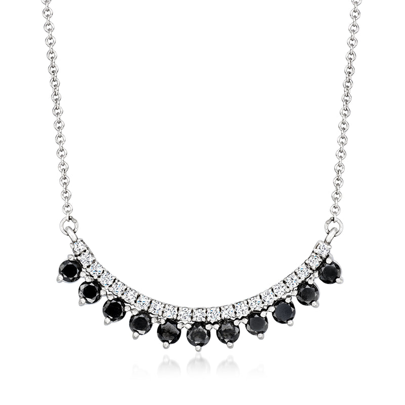 Sterling silver curved necklace with white diamond pave and black round stones