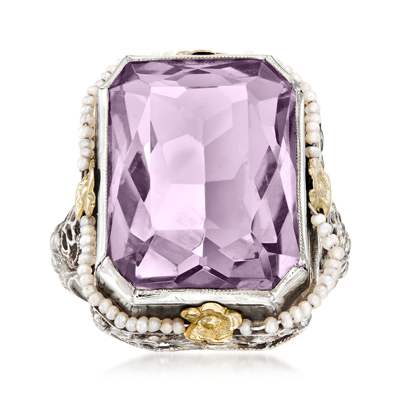 Vintage amethyst ring with square-cut gem and seed-pearl bezel in white gold