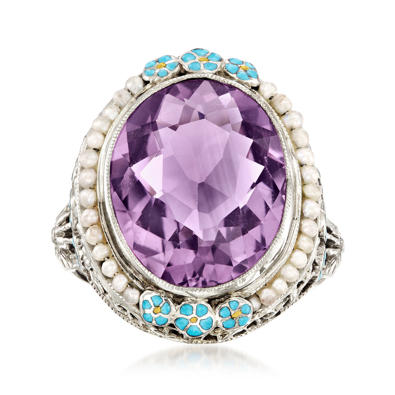 Vintage oval amethyst ring with seed pearls, blue enamel accents, and white gold band