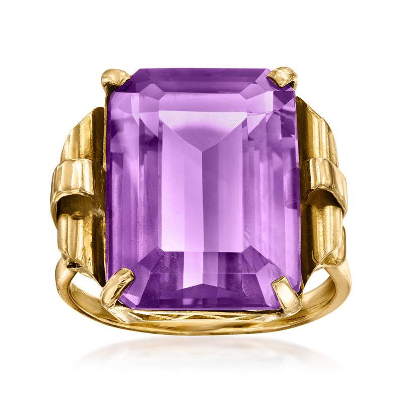 Vintage amethyst gemstone ring in 18kt yellow gold, large rectangular cut with side mounts