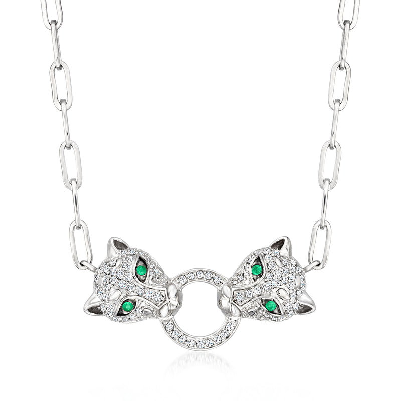Sterling silver leopard link necklace with green gemstone eyes and diamond accents
