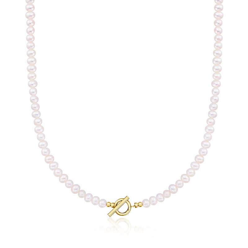 Cultured pearl toggle necklace with 4–5 mm white pearls and 14kt yellow gold clasp