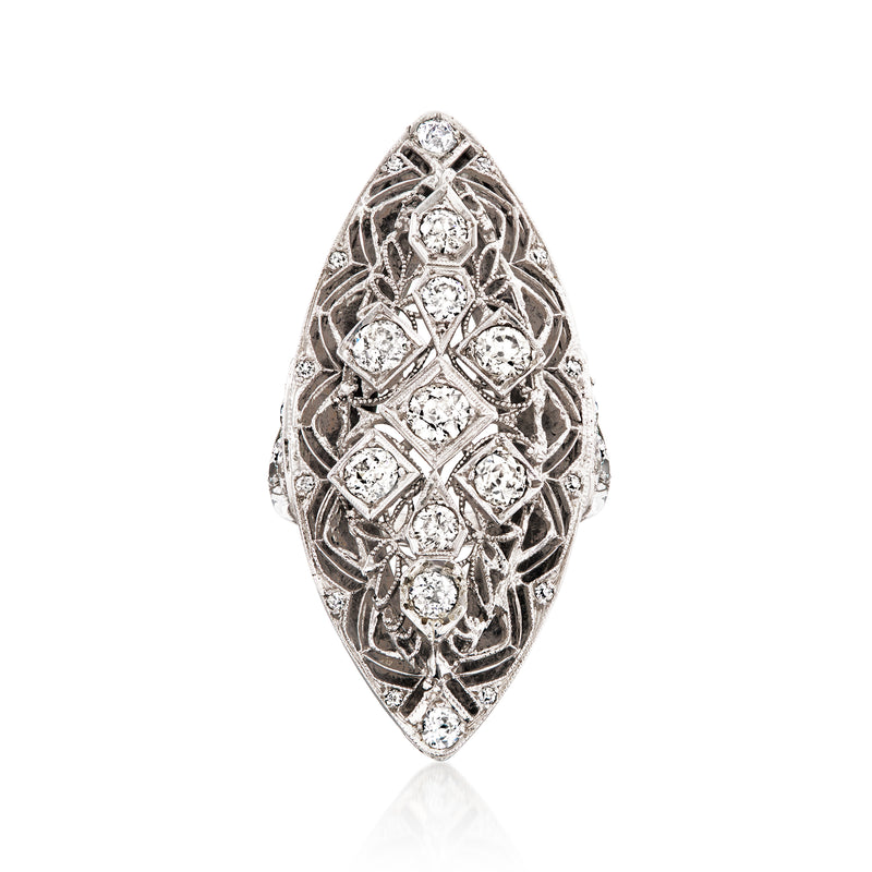 Vintage diamond navette ring in 14kt white gold, top view