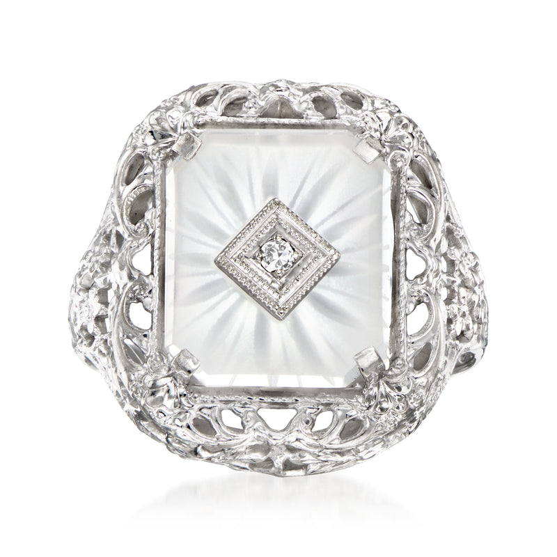 Vintage white gold ring with filigree setting and square rock crystal center, diamond accent