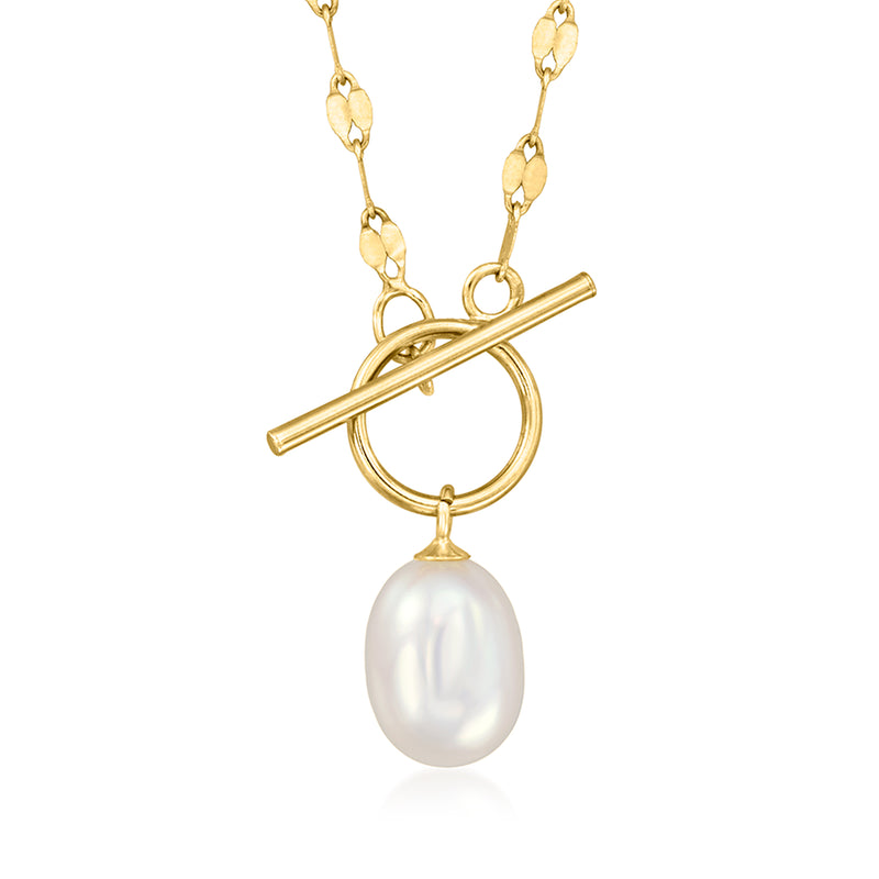 14kt yellow gold pearl necklace with toggle clasp and oval drop pearl pendant