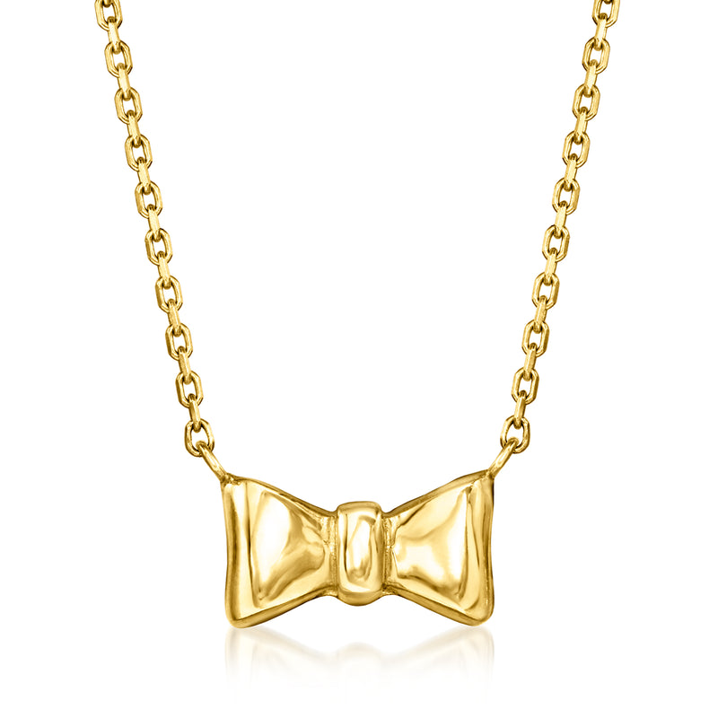 10kt yellow gold bow necklace with polished bow pendant on link chain