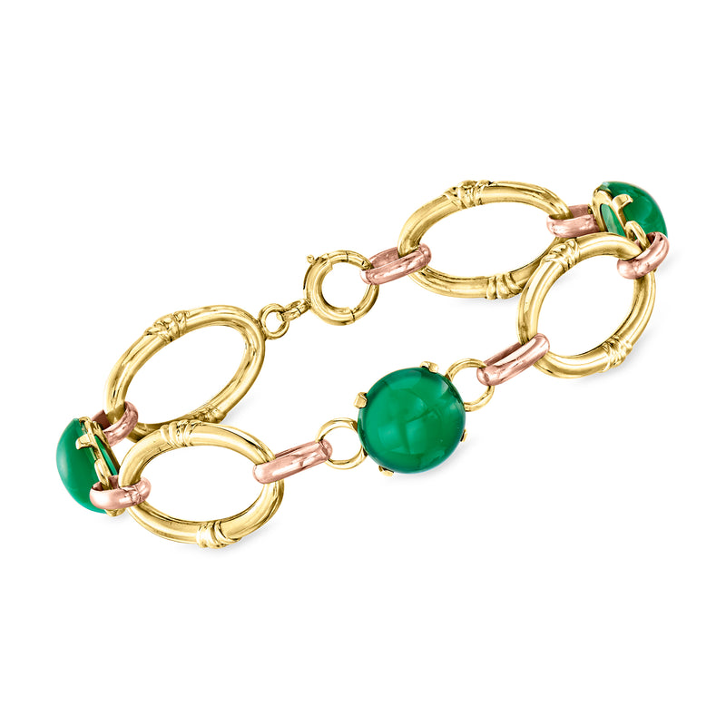 Vintage oval-link bracelet with green chalcedony bead and two-tone gold links