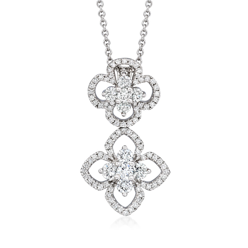 White gold diamond flower drop pendant necklace with linked oval floral motifs