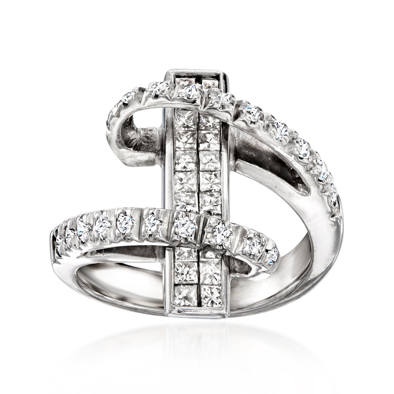 14kt white gold open-space diamond ring with baguette and round stones