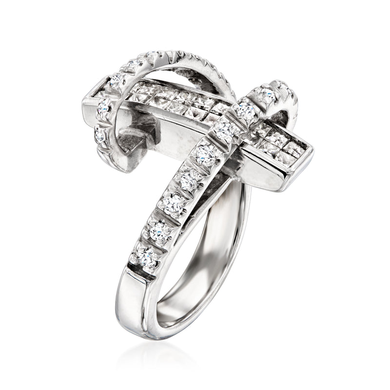 14kt white gold diamond open-space ring, side view with baguette and round stones