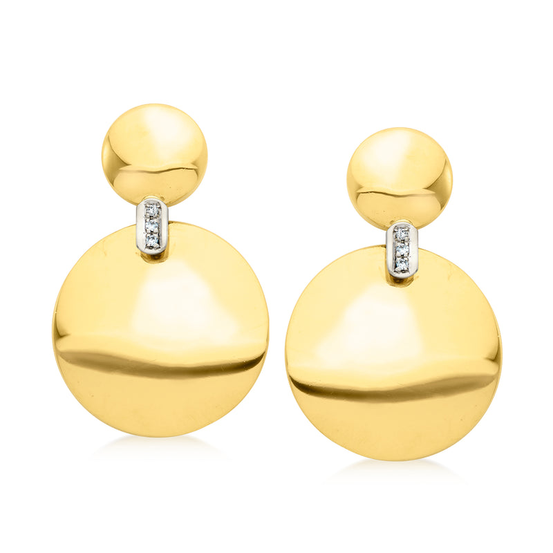 18kt yellow gold disc drop earrings with diamond-set bar and two polished discs