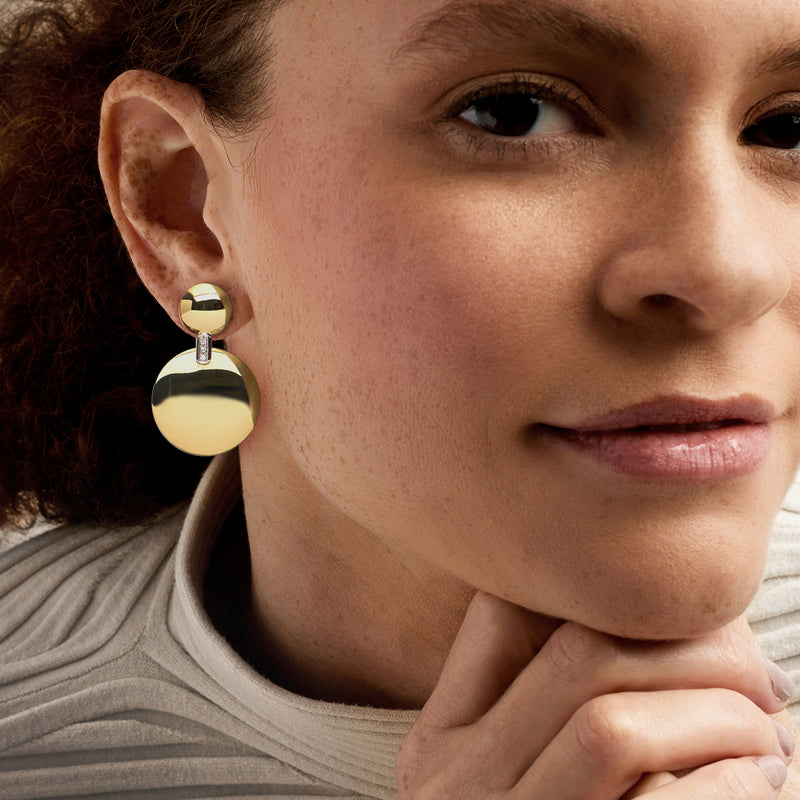 18kt yellow gold disc drop earrings with diamond-set bar and polished round discs