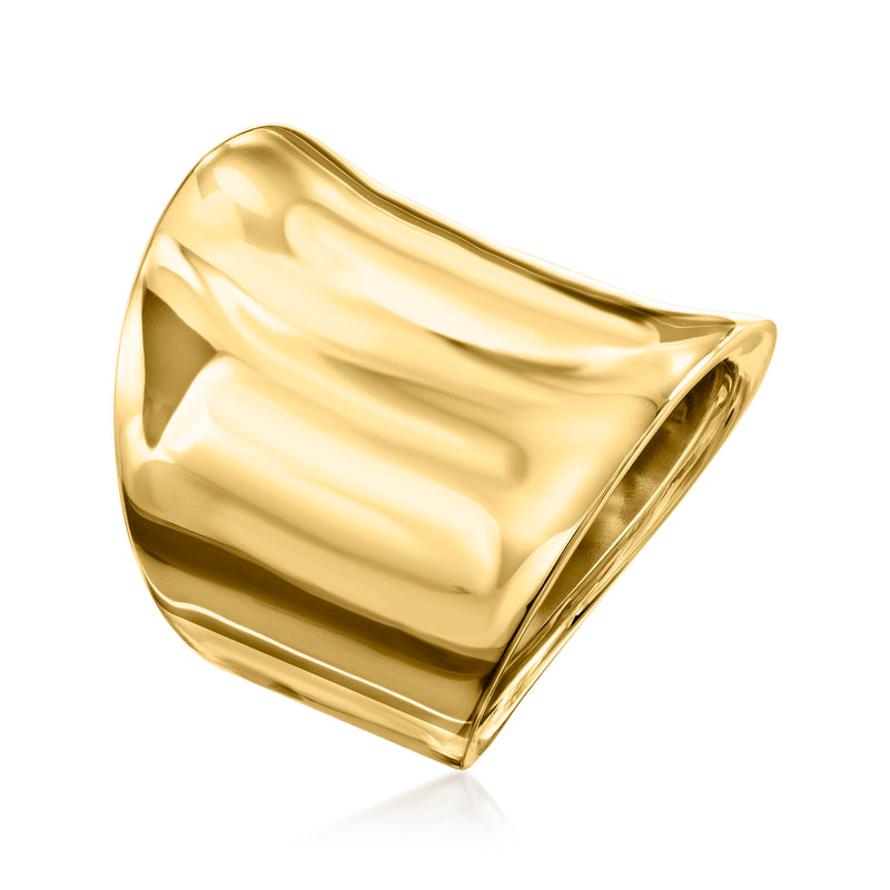 Wide yellow gold ring with smooth reflective finish, angled side view.