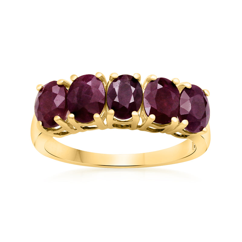 Five-stone ruby ring in 14k yellow gold with five oval marquise stones