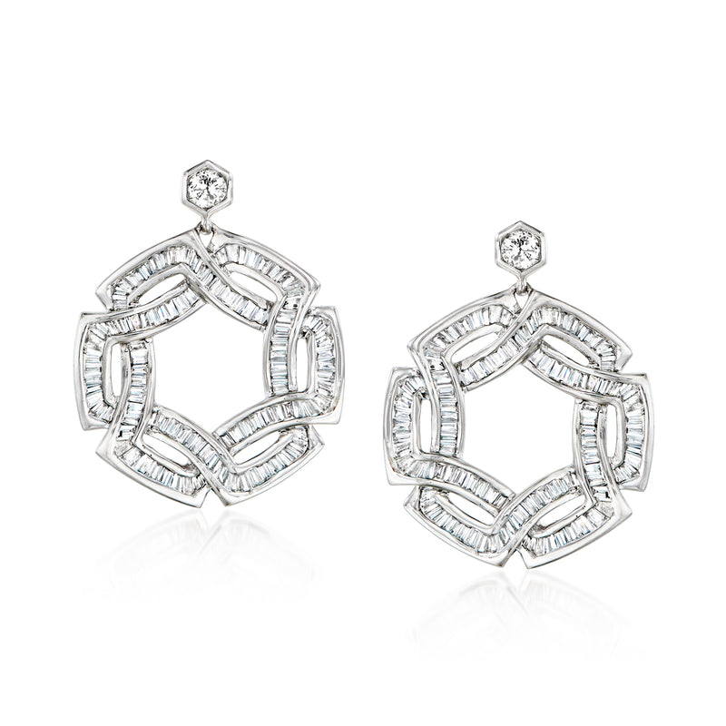 14kt white gold diamond circle drop earrings with baguette and round stones