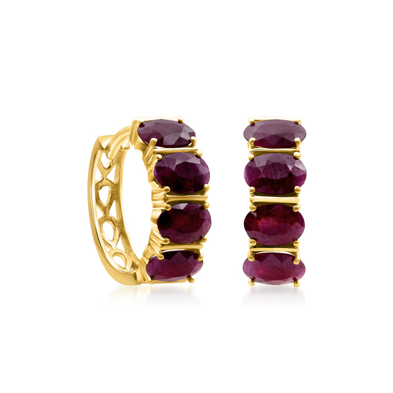 14kt yellow gold hoop earrings with oval ruby gemstones, hinged clasp