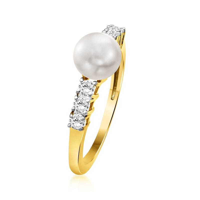 Cultured pearl and diamond ring, side view with oval pearl and three diamond accents