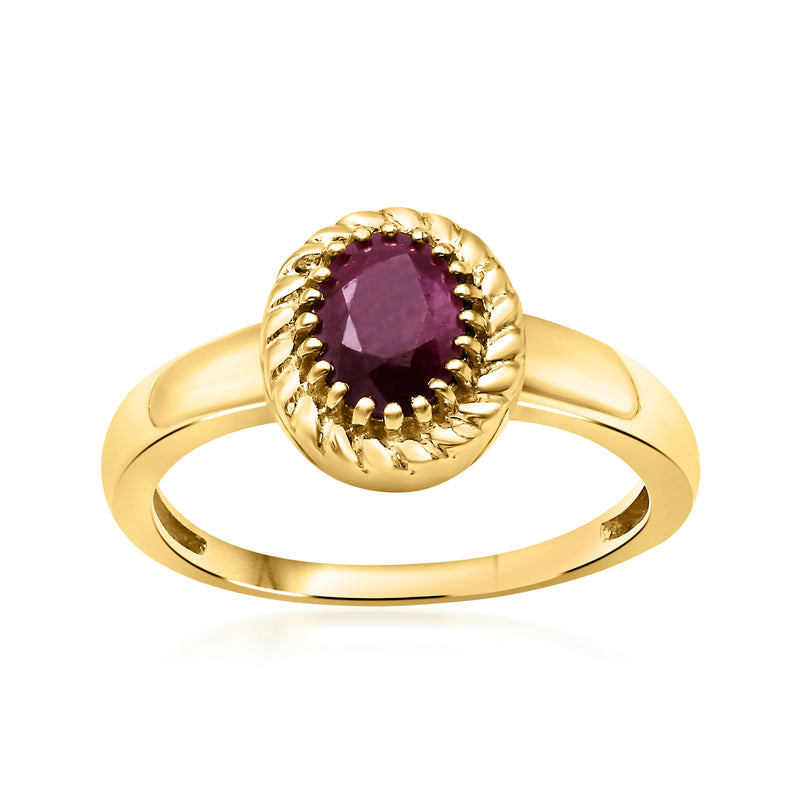 14kt yellow gold oval ruby ring with round halo and prong-set gem