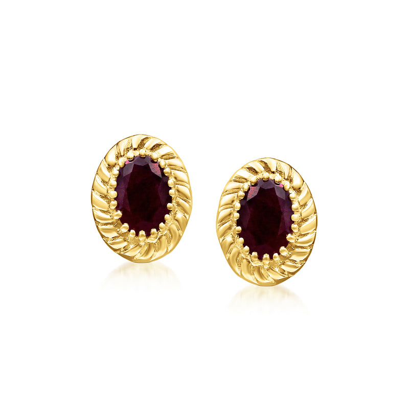 14kt yellow gold oval ruby stud earrings with textured scalloped halo