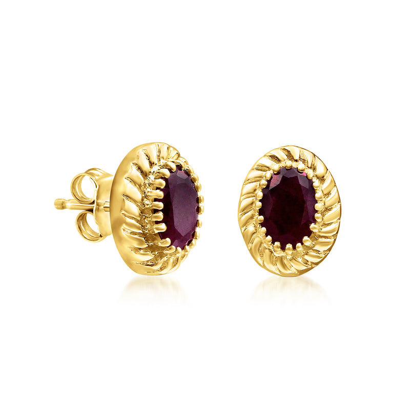 14kt yellow gold oval ruby stud earrings with scalloped halo and visible back posts