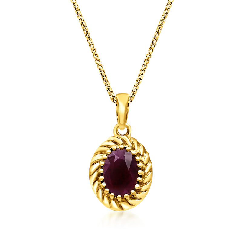 14kt yellow gold ruby pendant necklace with round ruby set in bezel