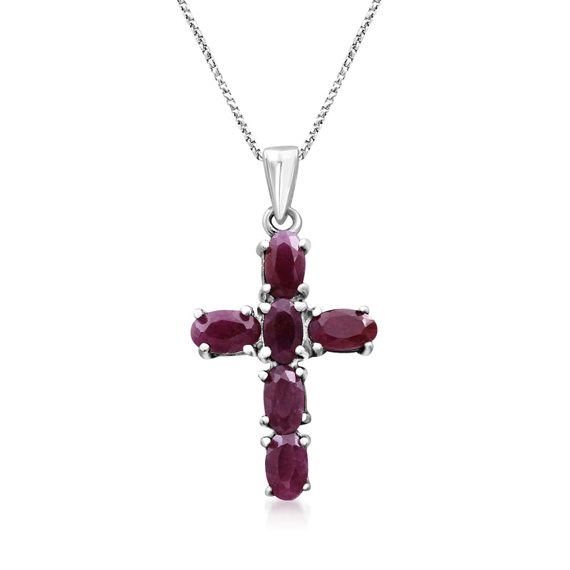 Ruby cross pendant necklace in white gold with oval red gemstone accents