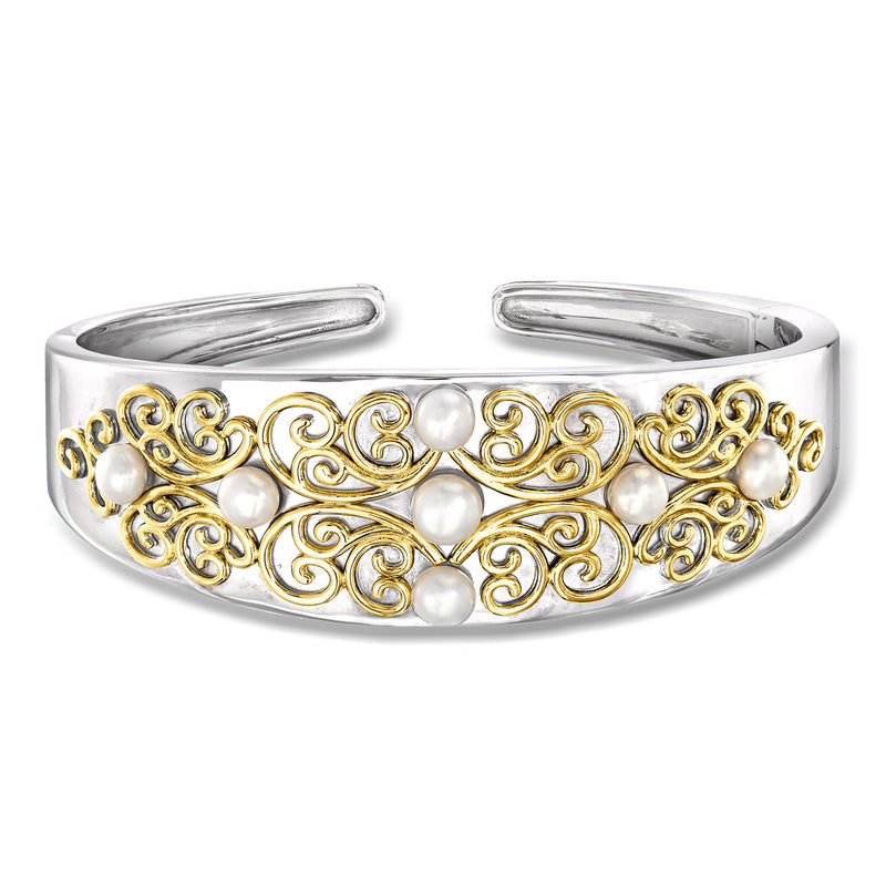 Two-tone sterling silver cuff bracelet with gold filigree and white cultured pearls