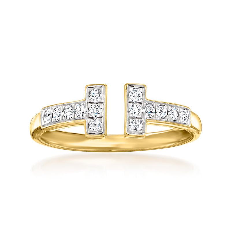 Gold cuff ring with square-set diamonds across a hinged open band design