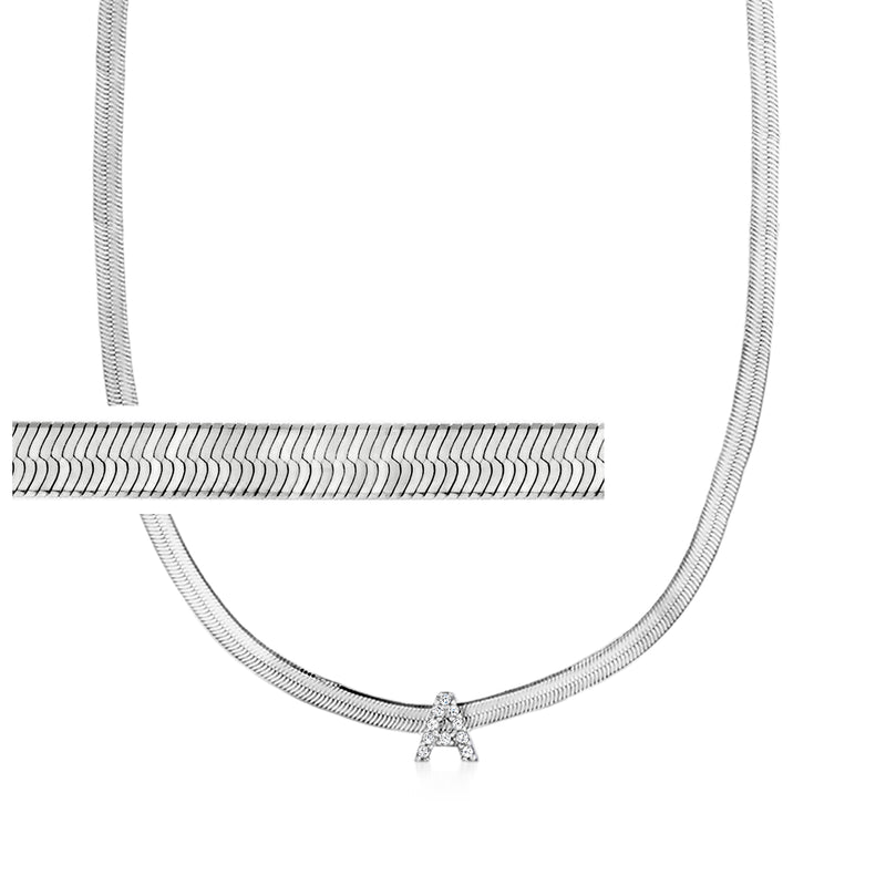 Sterling silver herringbone initial necklace with CZ-accented A pendant