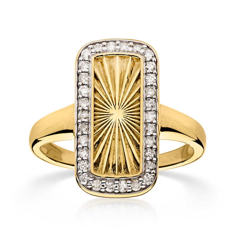 Rectangular sunburst diamond ring in 18kt gold over sterling with diamond halo