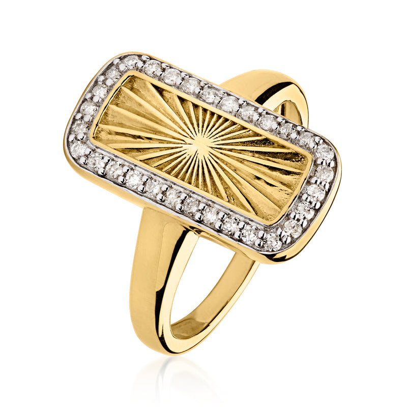 Rectangular sunburst diamond ring side view with sparkling diamond border