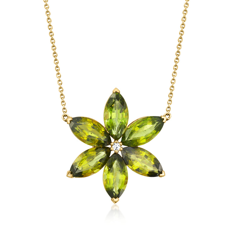 14kt yellow gold necklace with peridot flower pendant and single diamond center