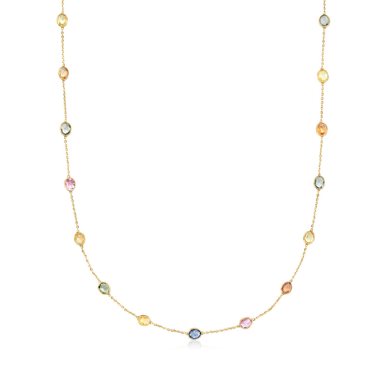 Multicolored sapphire station necklace in 18k yellow gold with small round gemstones