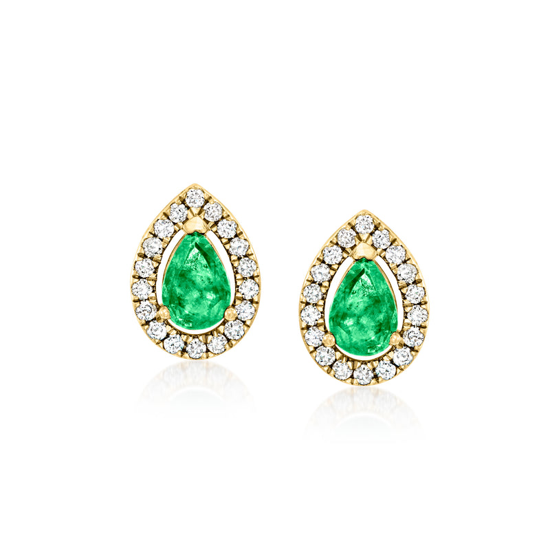 Vintage yellow gold teardrop stud earrings with emerald center and diamond halo