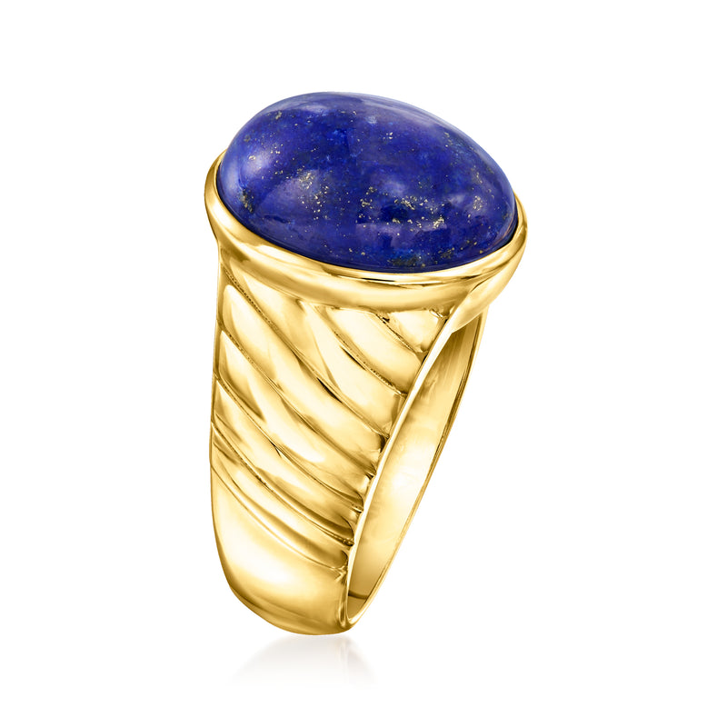 Gold ring with oval lapis blue cabochon gemstone, ridged band