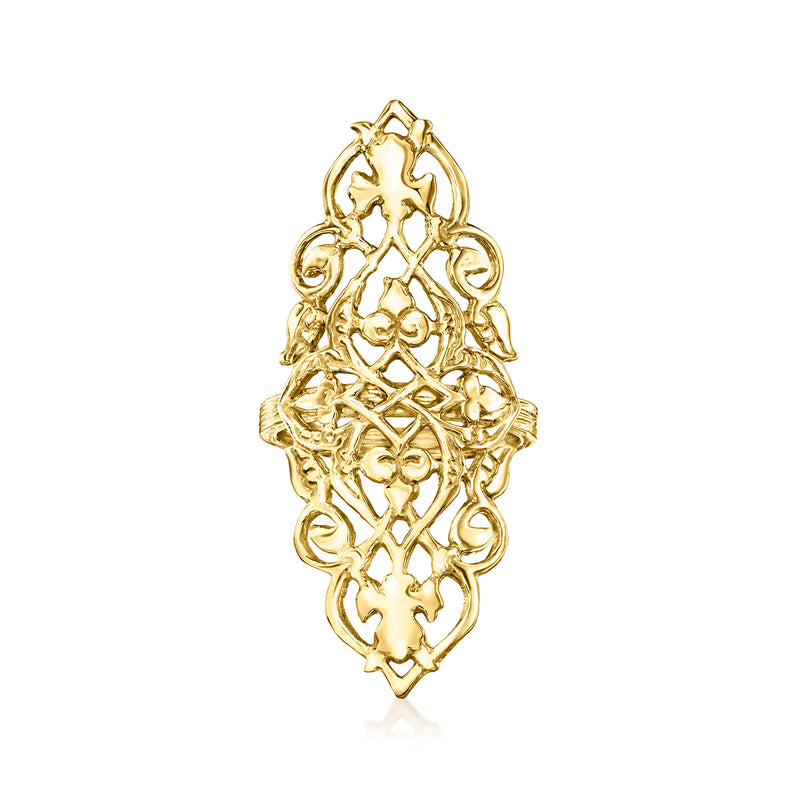 Gold over sterling filigree ring with openwork scroll and floral motifs