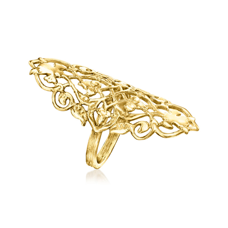 Gold over sterling filigree ring, elongated openwork design with curled accents